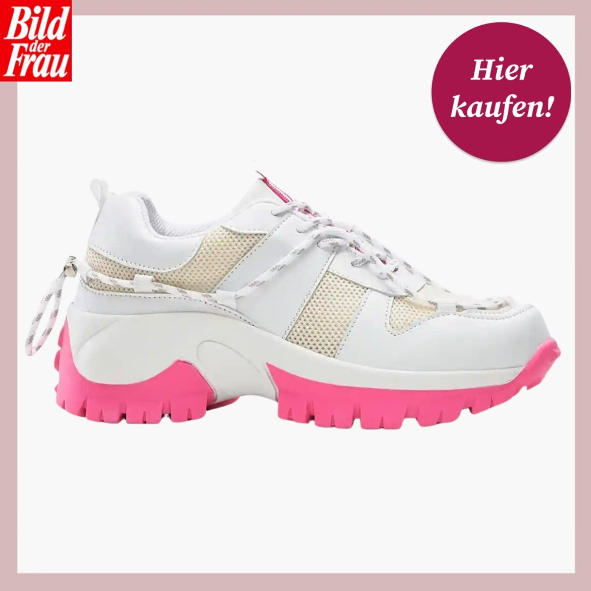 Stylischer Sneaker mit pink-weißer Farbkombination, robustem Design und dekorativen Schnürsenkeln, präsentiert vor neutralem Hintergrund. | © Bonprix