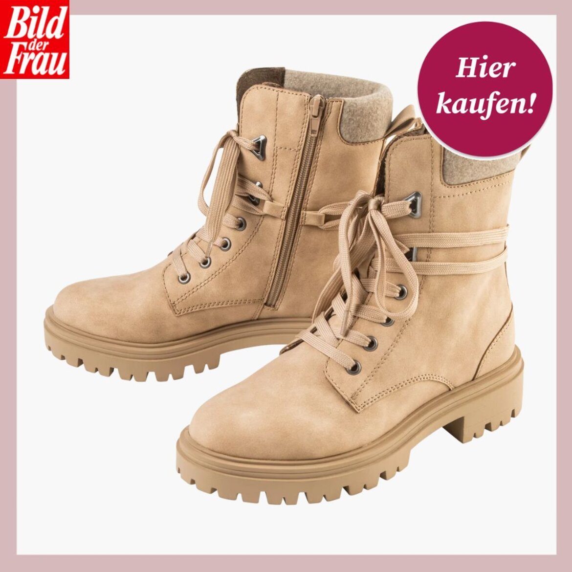 Stylische Winterstiefeletten in Beige mit Schnürung, Reißverschluss und markanter Sohle. | © Lidl