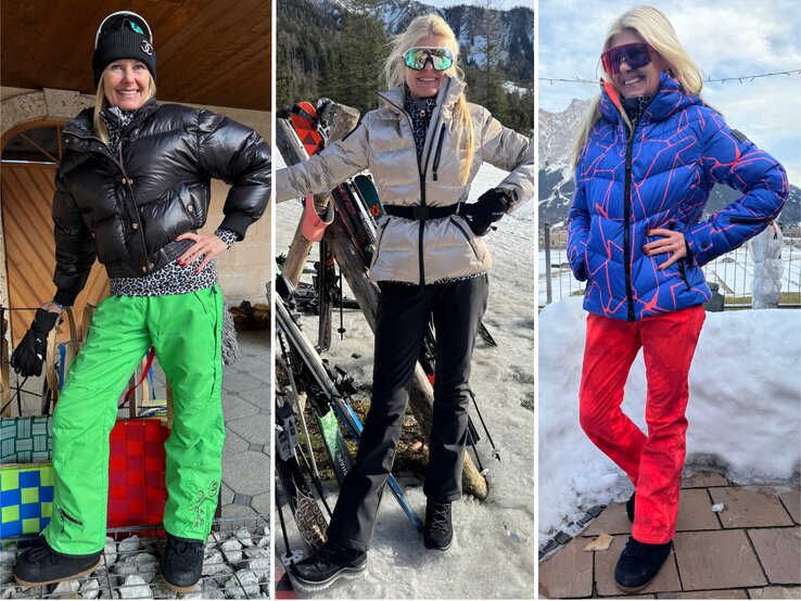 Renate Zott in drei Winteroutfits posiert selbstbewusst: einmal vor Holztür, einmal mit Skiern im Schnee, einmal auf einer Terrasse. | © Renate Zott