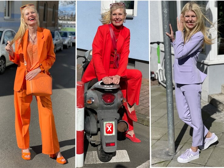 Eine Collage aus drei Bildern zeigt Renate Zott in farbenfrohen Hosenanzügen: orange auf der Straße, rot auf einem Roller und flieder an einer Laterne. | © Renate Zott