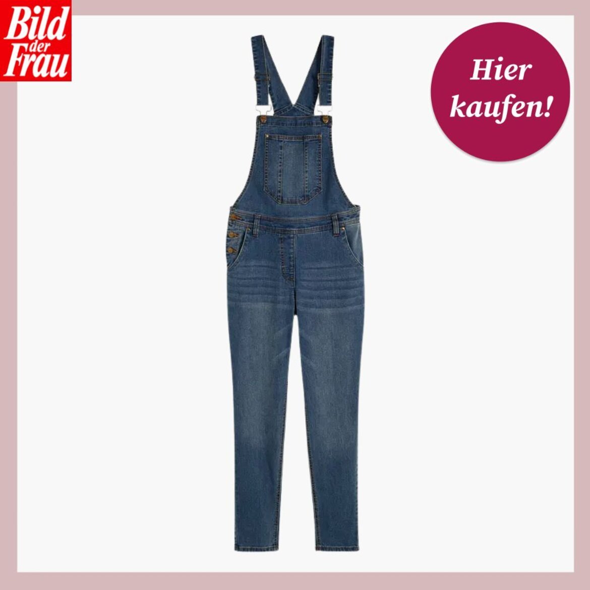 Modische Damen-Latzhose aus Jeansstoff mit verstellbaren Trägern und lässigem Look, beworben von "Bild der Frau". | © Bonprix