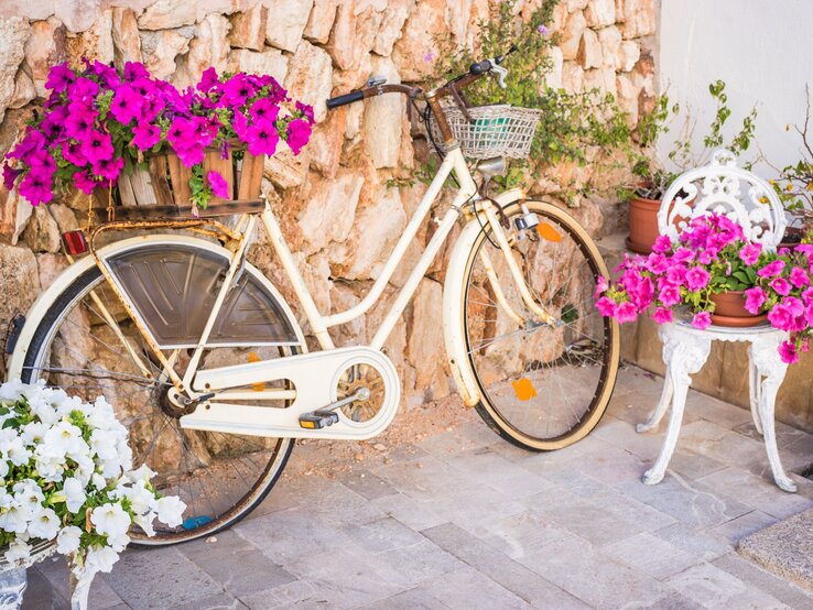 Ein cremefarbenes, altes Fahrrad mit Blumen im Korb lehnt an einer Steinmauer neben einem weißen Gartenstuhl mit pinken Blüten.