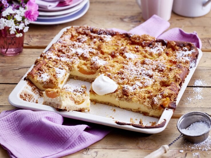 Aprikosen-Schmandkuchen auf einem weißen Backblech auf hölzernem Hintergrund. Links auf dem Foto ein Geschirrtuch und Blumen, rechts Puderzucker. 