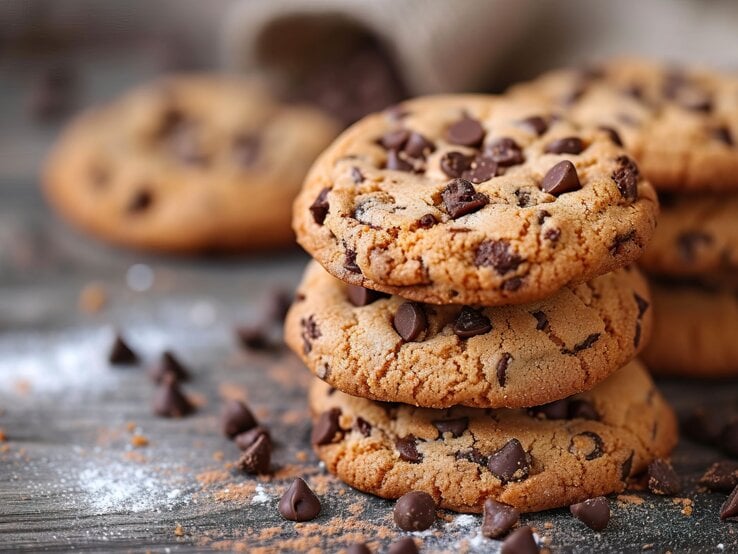 Ein Stapel goldbrauner Cookies mit Schokostückchen liegt auf einer dunklen Holzoberfläche, umgeben von verstreutem Mehl und Schokosplittern.