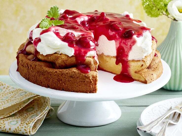 Rote-Grütze-Torte mit Puddingboden auf einem weißen Tortenteller auf grünem Hintergrund.