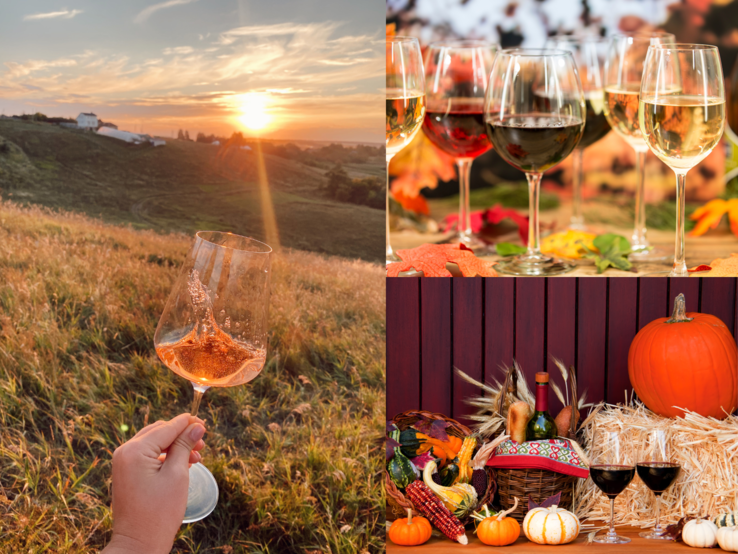 Weinglas Upcycling Herbst  Herbstliche Weinmomente: Rosé im Sonnenuntergang, Gläser auf buntem Laub und Rotwein neben Kürbissen und Erntekorb auf Stroh.